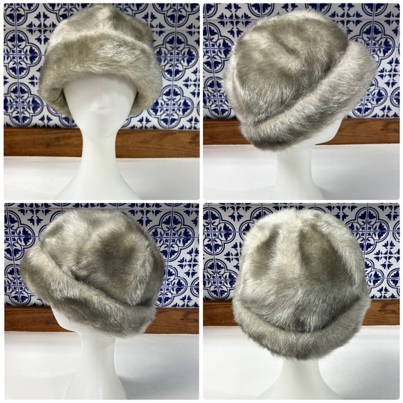 Vintage 1960s Faux Fur Cuffed Cloche Hat Gray Taupe Mod Jackie O Style 22” - Picture 5 of 5